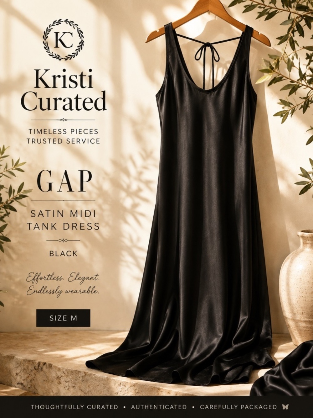 GAP Satin Midi Tank Dress — Black — Size M